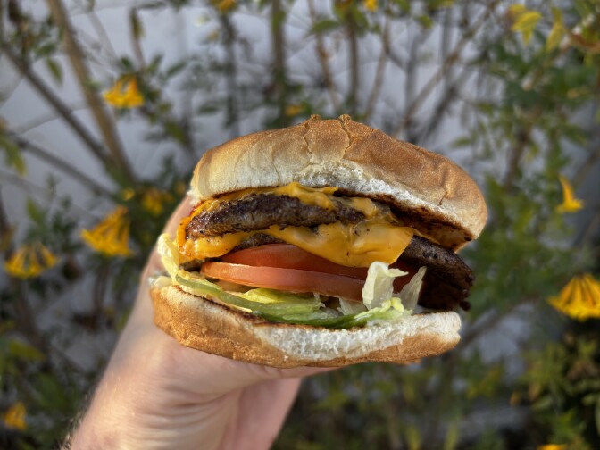 A light-skinned hand holds a cheeseburger against a wall, with a bush of yellow flowers slightly out of focus in the background. The cheeseburger features two cooked brown patties topped with melted yellow cheese. Under the patties, there are two slices of red tomato and a small layer of pale green lettuce, all sandwiched between two pale brown burger buns.