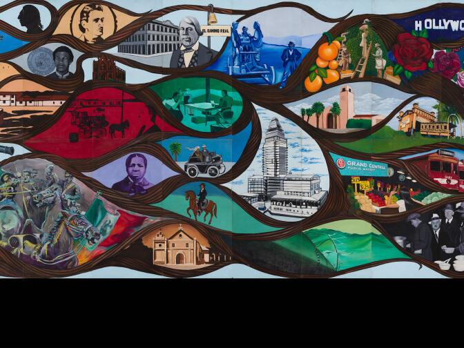 The mural "L.A. History: A Mexican Perspective" by artist Barbara Carrasco. Acrylic and wood on Masonite panels. Courtesy California Historical Society/LA Plaza de Cultura y Artes