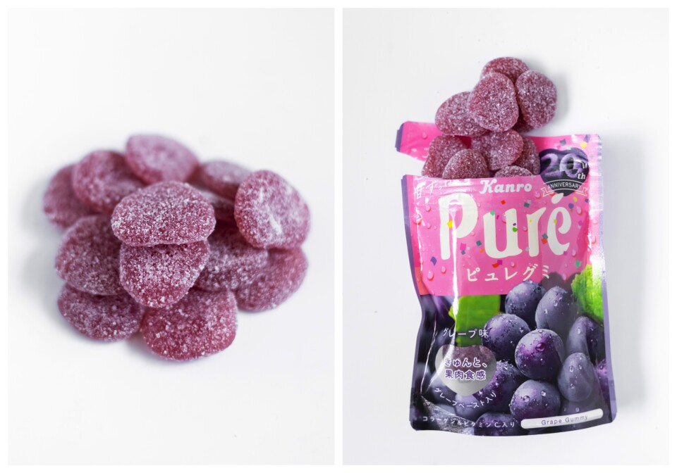 A split image: on the left a group of purple gummy hearts covered in sugar sits in a pile. On the right is a bag. The top part is pink with white lettering that reads Karo and Pure with some Japanese characters underneath. Below is the image of purple grapes covered in dew.