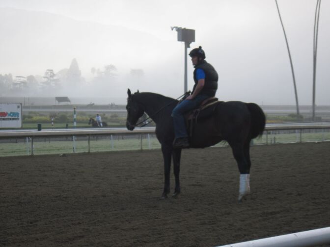 A rider rests with his horse on the track at Santa Anita Park in Los Angeles. 