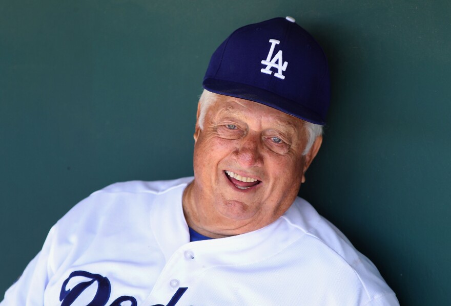GLENDALE, AZ - MARCH 08:  Former manager Tommy Lasorda of the Los Angeles Dodgers sits in the dugout during the spring training game against the Milwaukee Brewers at Camelback Ranch on March 30, 2012 in Glendale, Arizona.  (Photo by Christian Petersen/Getty Images)