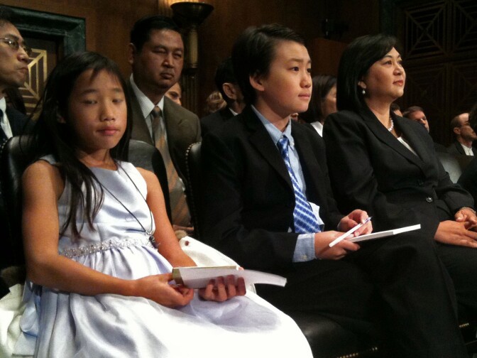 Judge Jacqueline Nguyen and family at Senate Judiciary Committee confirmation hearing, Nov. 2, 2011.