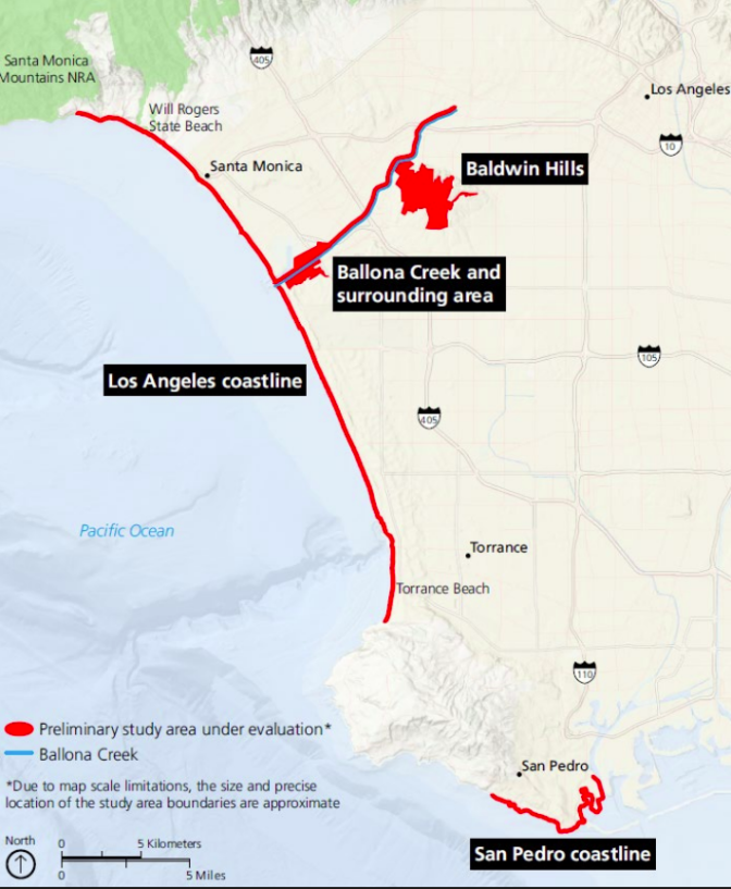 This map shows a stretch of the coast from San Pedro to Santa Monica. Red lines show the areas under evaluation. 