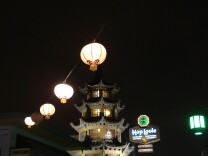 A nighttime shot of Hop Louie in L.A.'s Chinatown.