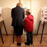 Los Angeles City Controller Wendy Greuel votes with her son Thomas by her side in the Los Angeles mayoral primary on March 5, 2013 in Los Angeles.