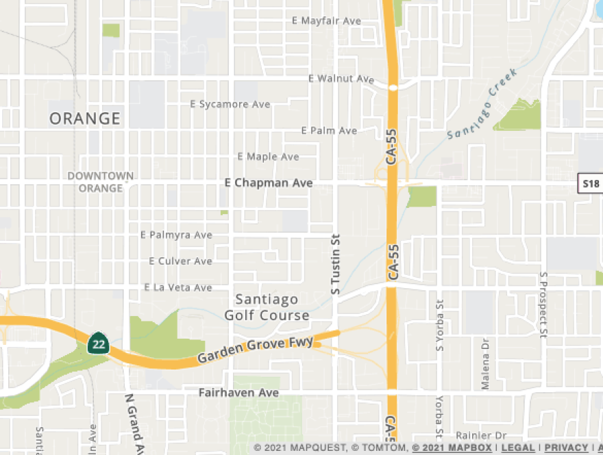 Map shows a view of the area on the 55 Freeway between the 22 Freeway and Chapman Ave where the shooting took place.