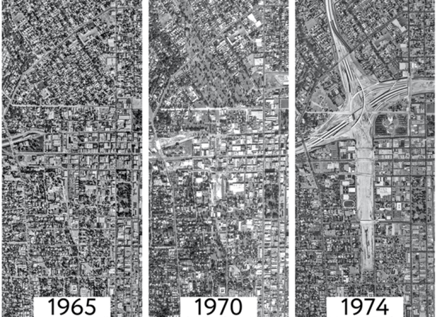 Three black-and-white aerial photos of the same area several years apart. The one on the far left says 1965, the middle is 1970 and the far right is 1974.