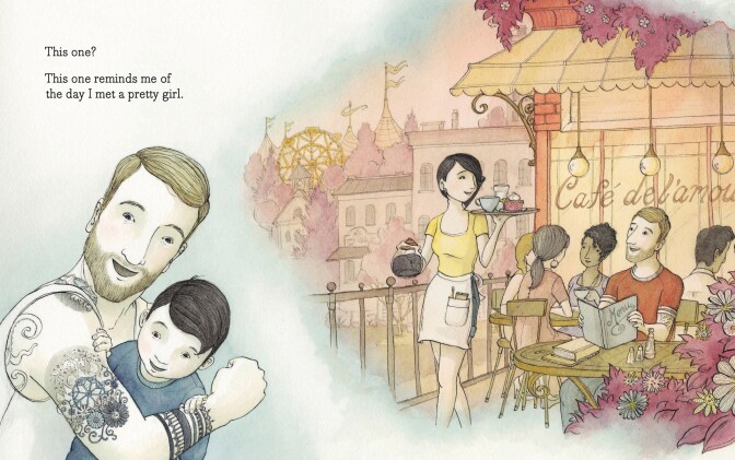 "Tell me a Tattoo Story" by Allison McGhee and illustrations by Eliza Wheeler.