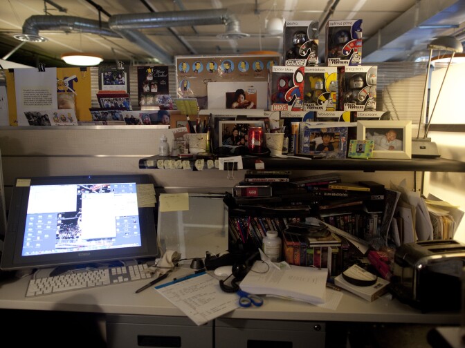 An animator's work station at the studio in Burbank.