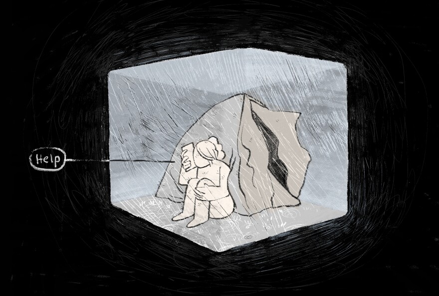 A woman holds a cell phone to her ear while sitting next to a tent. It is raining. A voice bubble pointing to her reads "Help." The entire illustrated scene takes place inside a box that's floating in dark void.