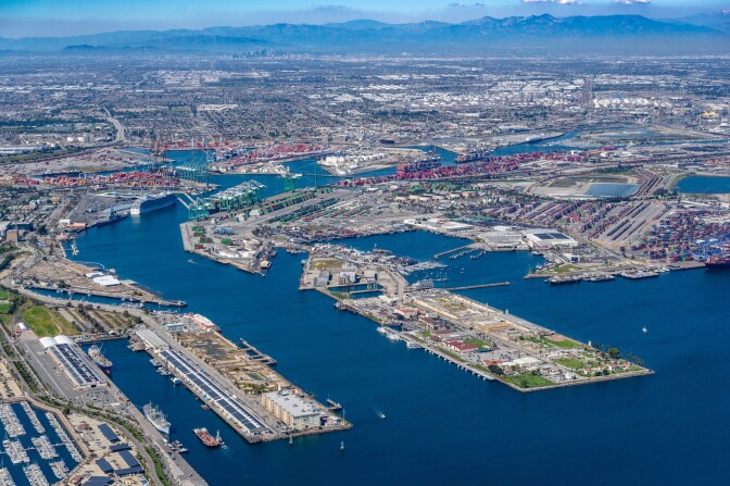 An aerial view of the Port of Los Angeles during the daytime. 