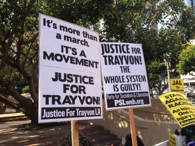 Signs of support for Trayvon Martin during a protest at Pershing Square in Downtown L.A.
