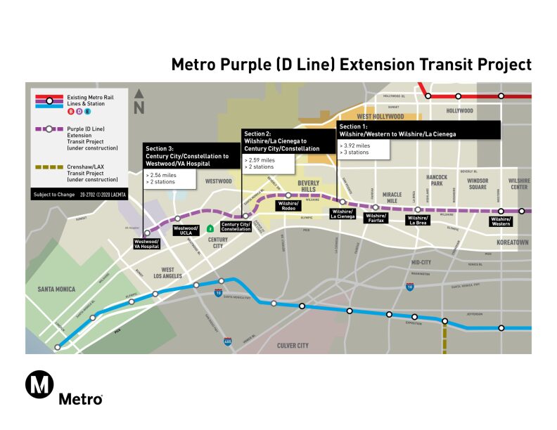 A map shows a dashed line at the center, indicating the route under construction to extend a light rail line into West Los Angeles.