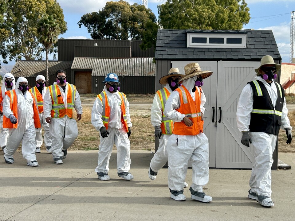 A line of workers wearing white protective suits, orange safety jackets and protective breathing masks walks across a concrete slab. 