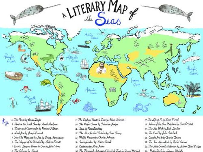 The Literary Map of the Seas, an art print of 24 books set in the ocean, includes classics from The Odyssey and Moby Dick to modern favorites like The Life of Pi, Plover, Pippi in the South Seas, and Swamplandia!
