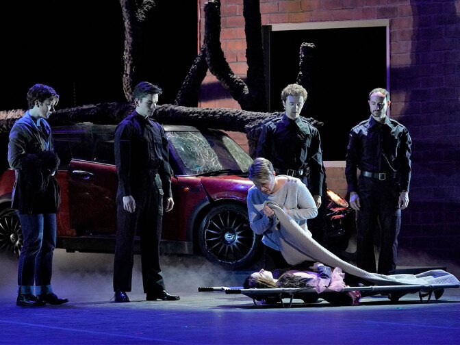 Maxim Mironov as Orpheus and Lisette Oropesa as Eurydice, with dancers from the Joffrey Ballet, in LA Opera's 2018 production of "Orpheus and Eurydice."