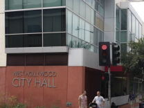 West Hollywood City Hall, 2008.  According to "A People's Guide to Los Angeles," West Hollywood is popularly known as the first "gay city" in the United States, and was incorporated in November, 1984. The first couple to be married at West Hollywood City Hall was actor George Takei (aka Mr. Sulu) and his partner, Brad Altman.