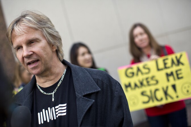 File: Matt Pakucko, president and co-founder of Save Porter Ranch, speaks to the media during a press conference on a gas leak in Porter Ranch after a regular Los Angeles County Board of Supervisors meeting on Tuesday, Nov. 24, 2015.