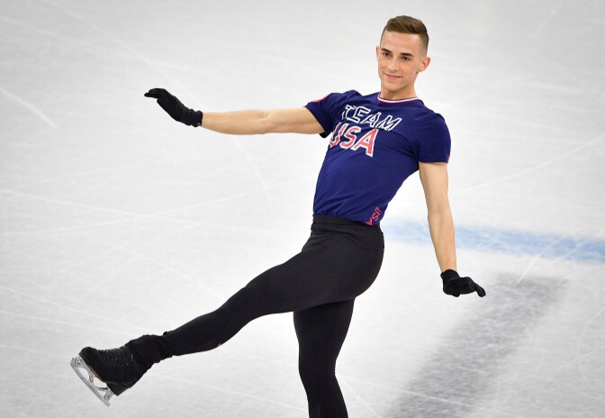 U.S. skater Adam Rippon practices at Gangneung Ice Arena ahead of the team event of the men's figure skating before the Pyeongchang 2018 Winter Olympic Games on February 7, 2018.