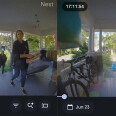 Two screenshots from a security camera, side by side, showing a man and a woman, both wearing dark blue jackets, approaching the front door of a home. There is a bicycle propped up against a railing to the left of the photos.