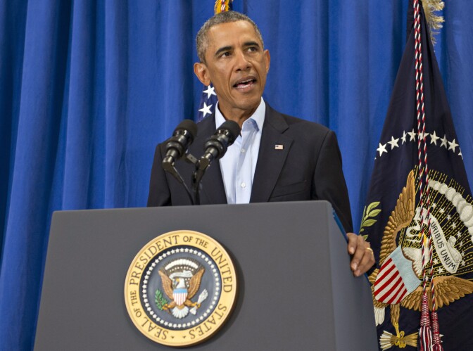 EDGARTOWN, MA - AUGUST 20:  (AFP OUT) U.S. President Barack Obama makes a statement about the execution of American journalist James Foley by ISIS terrorists in Iraq during a press briefing at the press filing center at the Edgartown School August 20, 2014 in Edgartown, Martha's Vineyard, Massachusetts. A video released shows an ISIS militant beheading Foley in what is believed to be retaliation for U.S. airstrikes in Iraq. The militant then threatens the life of another American hostage, Steven Sotloff, who is also missing. (Photo by Rick Friedman-Pool/Getty Images)