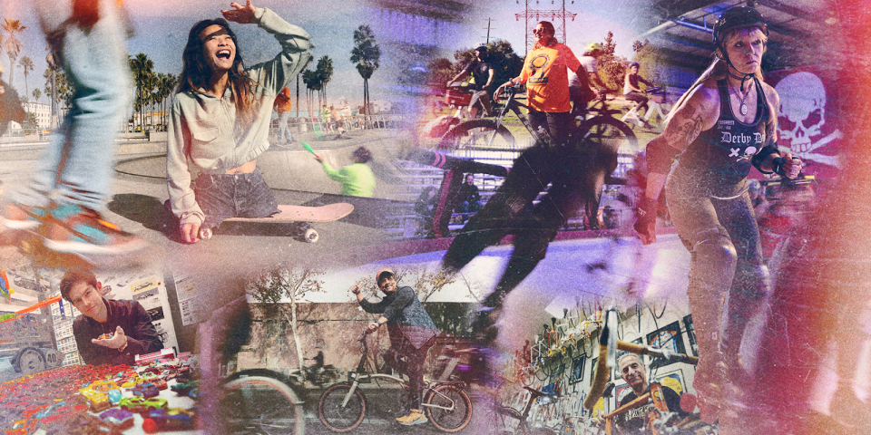 A stylized collage of many different people on wheeled objects, like bicycles, skateboards, roller blades and more. 
