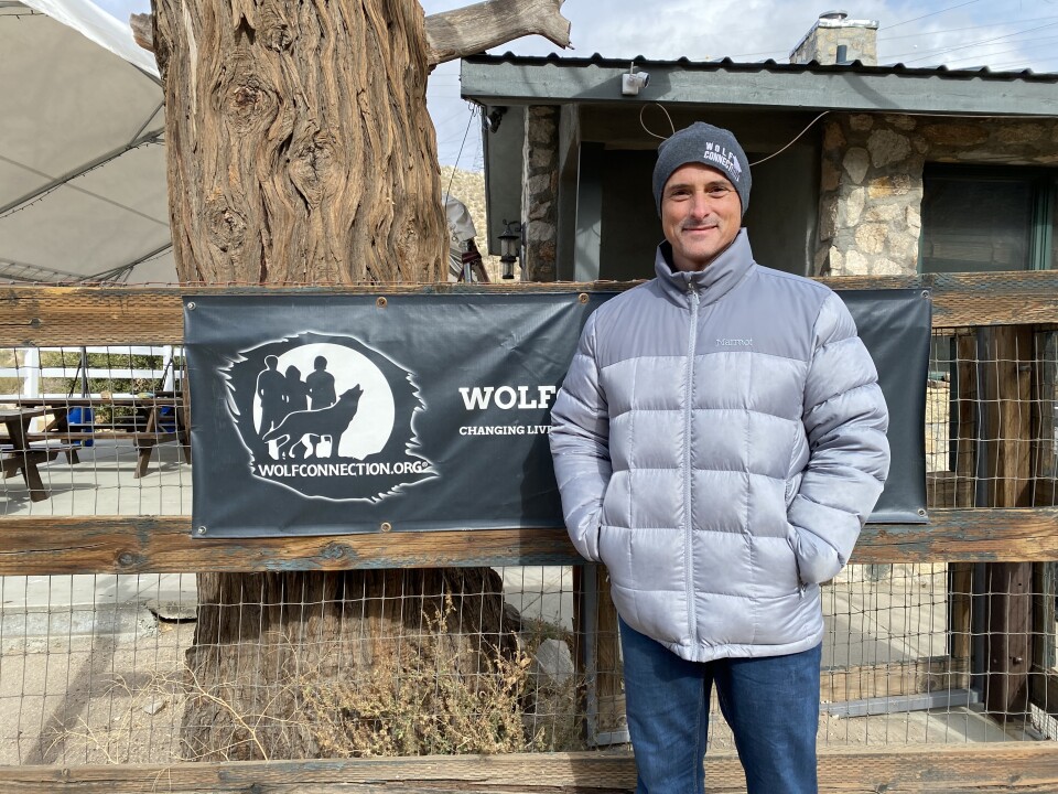 Wolf Connection founder Teo Alfero wears a grey jacket and cap. He's standing in front of a Wolf Connection sign that depicts people standing next to a howling wolf. 