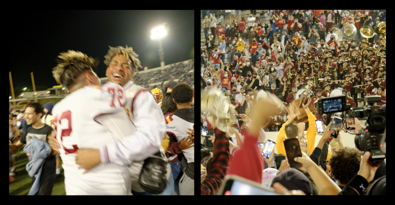 Two photographs side-by-side. Two football players embrace. One of their faces is visible and laughing. They are among a small crowd with a stadium in the distant background. There is a lot of motion blur in the photo. In the photo on the right a large crowd fills the frame from the foreground to the distance background. Arms are raised. A man with a yellow shirt holds up a large trophy in the middle of the picture.