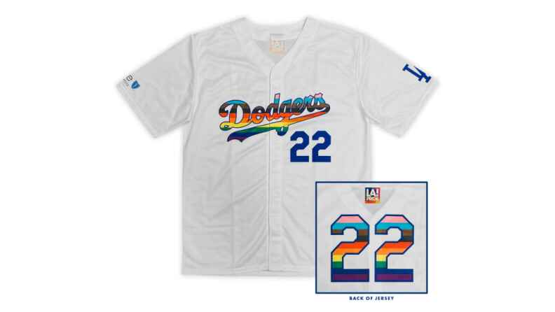 A while baseball jersey featured the Dodgers logo in LGBTQ+-colorored stripes.