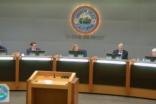  A screenshot from the video feed of the Mission Viejo City Council's meeting on Sept. 13, 2022 shows five council members sitting behind the dias.