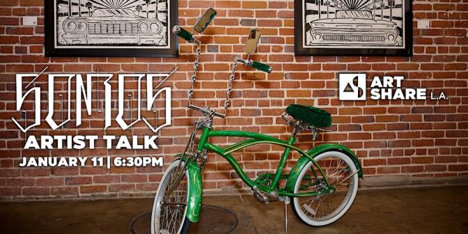 A poster for an SOMOS exhibition artist talk at the venue Art Share L.A. Two art pieces sit on a brick wall of the front of lowrider cars. A green bicycle with white tires and high handlebars sits in-between them.