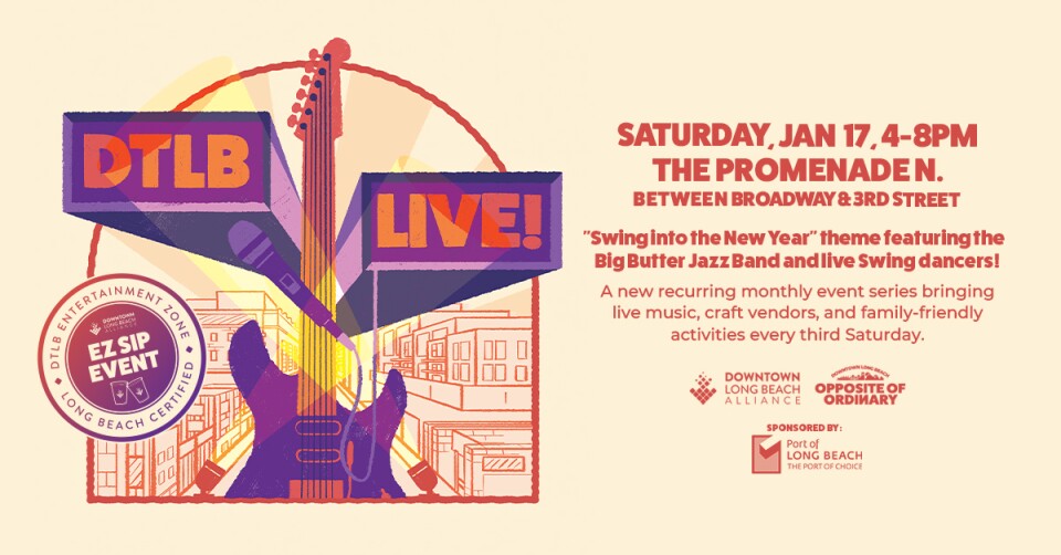 A poster that reads "DTLB LIVE!" with an electric guitar popping up between the words. It's purple and orange on an off-white background. 