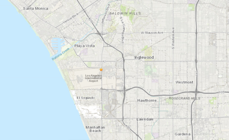 Gray topographical map marks location of Wednesday's earthquake with a star at the top right of the LAX airport.