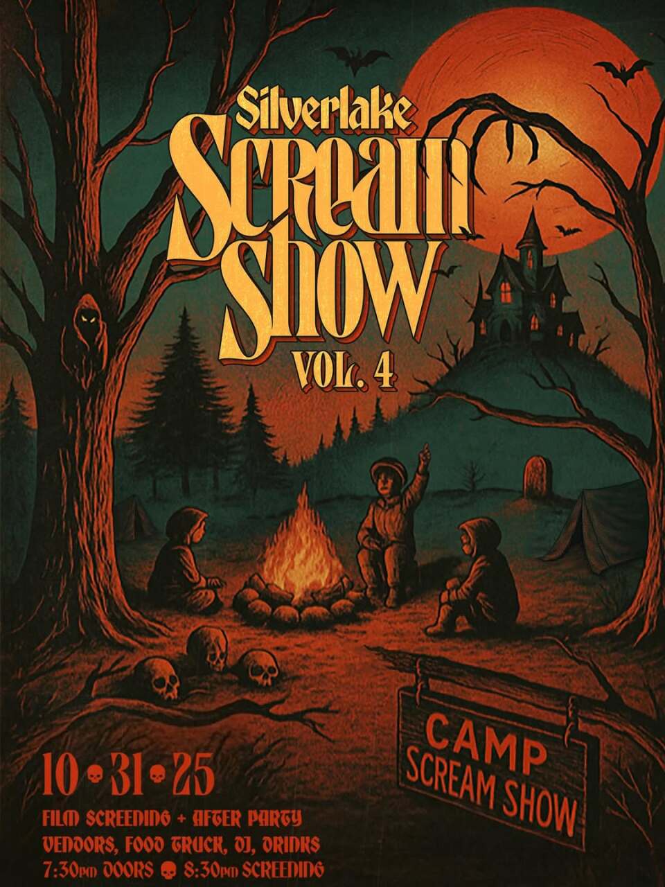 A poster promoting "Silverlake Scream Show Vol. 4." It features an illustration of people around a campfire with skulls and a tombstone in the area surrounding them. 