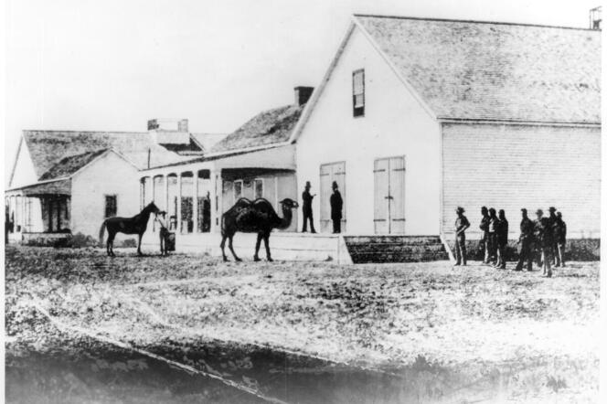 A black and white view of the U.S. Army Headquarters at Wilmington. The building is of wood and has large doors. In front of the building is a camel with two humps, a person holding the reins of a horse, a group of people standing in the front yard.