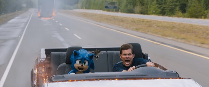 Sonic (Ben Schwartz) and James Marsden in SONIC THE HEDGEHOG from Paramount Pictures and Sega. Photo Credit: Courtesy Paramount Pictures and Sega of America.