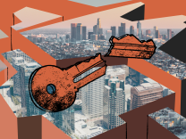 A broken key floats over cutouts of buildings with a view to the downtown L.A. skyline and highrises.