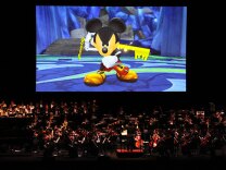 Mickey Mouse on screen during the "Kingdom Hearts" video game concert tour.