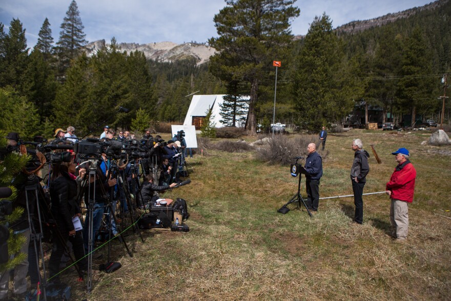 PHILLIPS, CA- APRIL 1:   California Governor Jerry Brown speaks to reporters at the site of a manual snow survey on April 1, 2015 in Phillips, California. The recorded level is zero, the lowest in recorded history for California. Gov. Brown went on to announce mandatory statewide water restrictions.  (Photo by Max Whittaker/Getty Images)