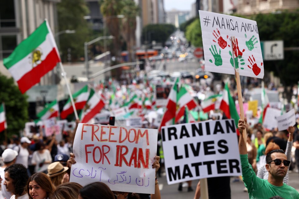 Signs read "Freedom for Iran" and "Iranian Lives Matter."