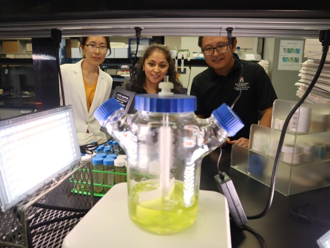 Three researchers in a lab gather around a beaker filled with a light green liquid.