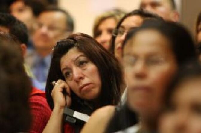 Teachers and supporters attend a meeting of the Los Angeles Unified School District Board of Education to discuss a proposal to eliminate thousands of jobs in hopes of closing a $718 million budget gap April 14, 2009 in Los Angeles, California.