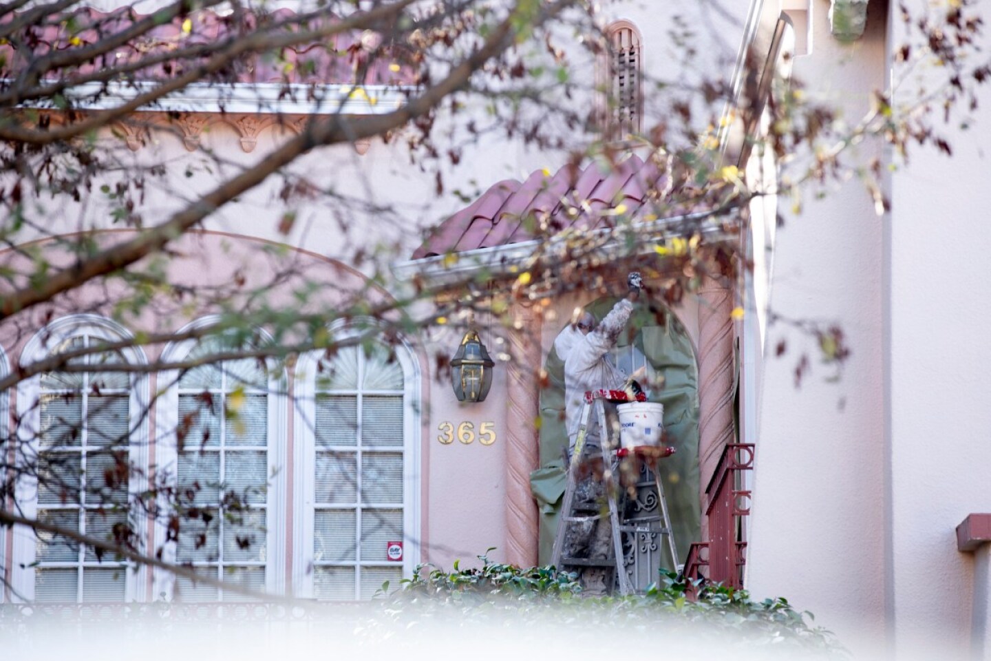 A painter on a ladder works in the doorway of a home painted in pinks and lavenders.