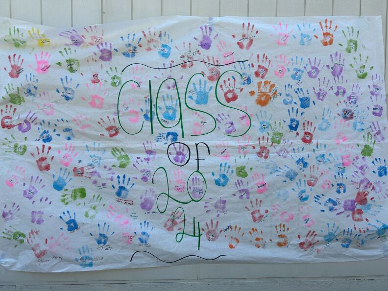 A sheet of paper with hand prints in various colors around the words "Class of 2024"