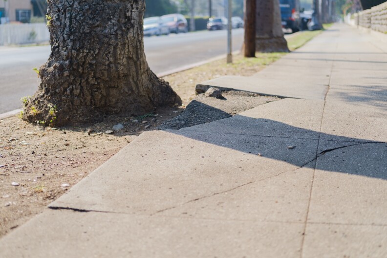 A tree casts a shadow on cracked sidewalk pavement, with a temporary asphalt repair shown in the center.