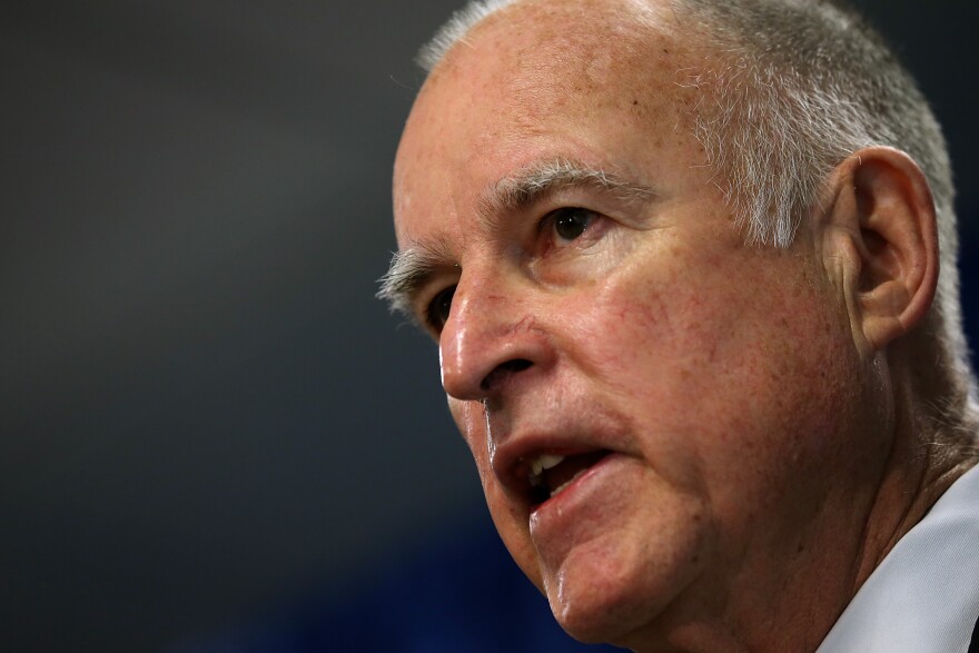 California Gov. Jerry Brown speaks during a news conference on January 17, 2014 in San Francisco, California.  Gov. Brown declared a drought state of emergency for  California as the state faces water shortfalls in what is expected to be the driest year in state history. Residents are being asked to voluntarily reduce water usage by 20 percent.  