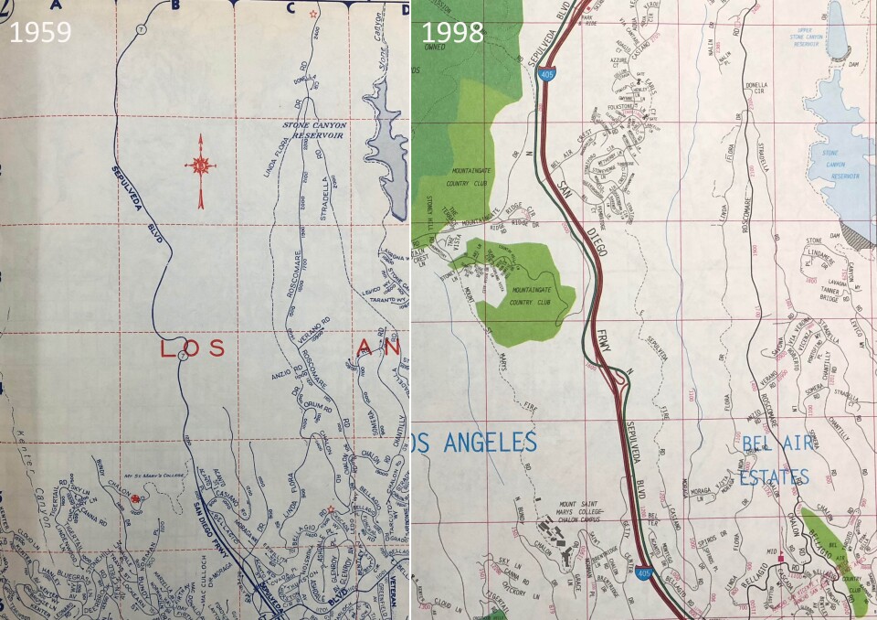 A side-by-side comparison of Bel Air and surrounding areas from the 1959 and 1998 versions of the Thomas Guide. Construction on the 405 Freeway began in 1964 and was completed by the time the 1998 Guide was released. 