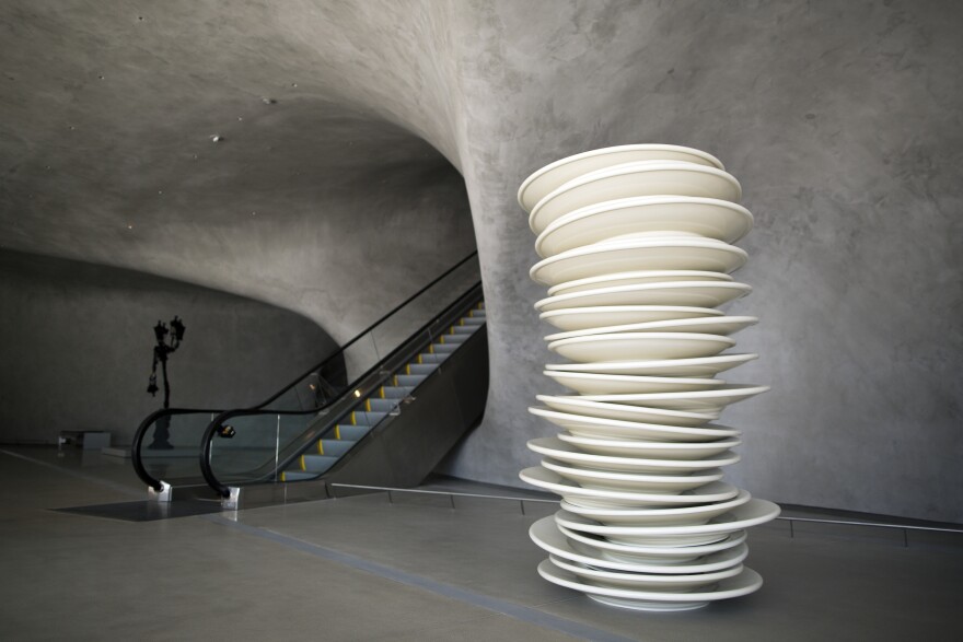 An untitled sculpture from 1993 by Robert Therrien greets visitors immediately in the North entrance of The Broad.