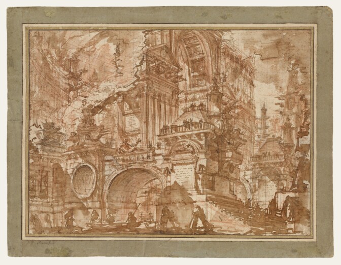 An Ancient Port; Giovanni Battista Piranesi (Italian, 1720 - 1778); Italy; 1749 - 1750; Red and black chalk and brown and reddish wash, squared in black chalk; 38.4 x 52.9 cm (15 1/8 x 20 13/16 in.); 88.GB.18