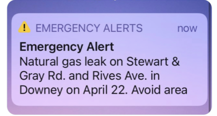 A screenshot of Thursday's emergency alert of a gas leak in Downey.